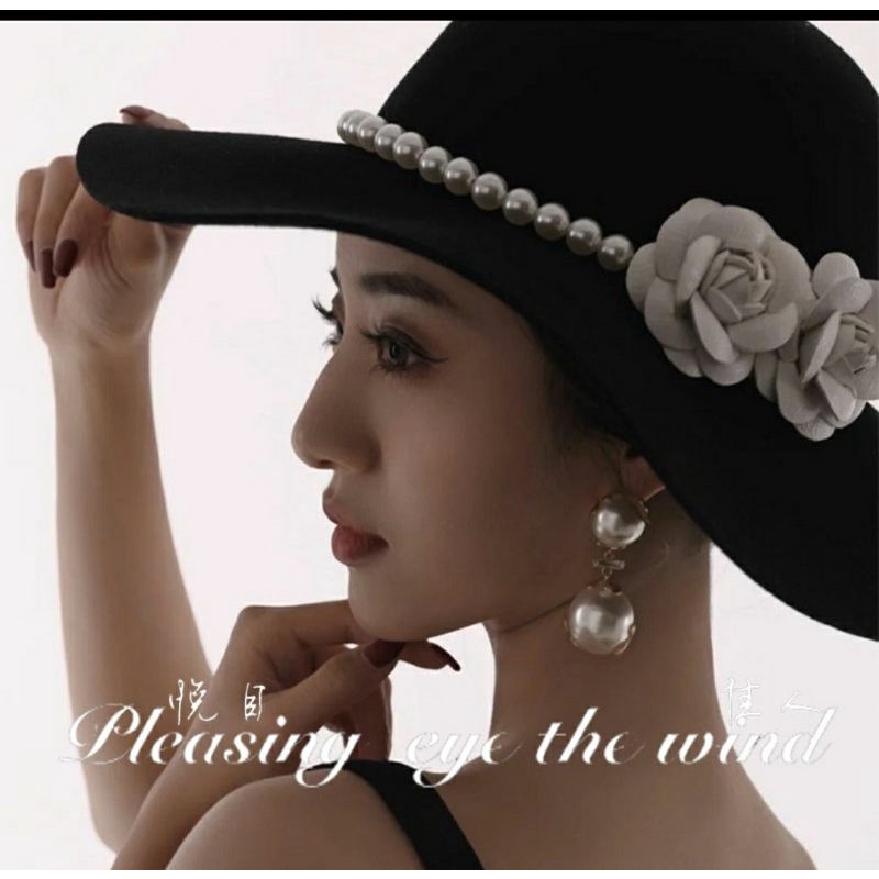 Nón nữ rộng vành fedora nỉ ngọc trai nhân tạo kết hoa sang trọng Lh0917399527