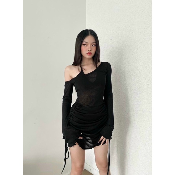 Set đầm trễ vai tay loa dây rút sườn - bra có mút