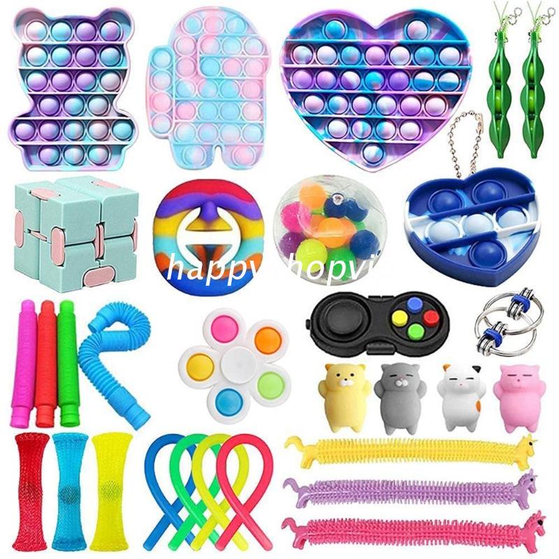 HSV Fidget Bundle Rope Novelty Toy Anxiety Squeeze Ball w/ Colorful Push Bubble Plate for Autism Therapy Adults Kids Gift