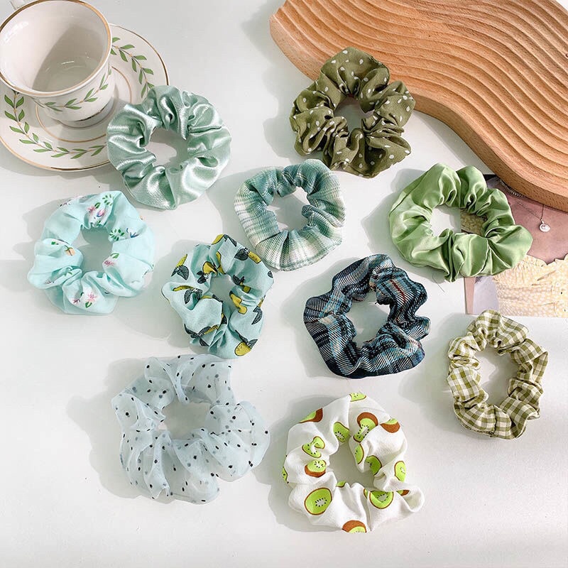 Set dây buộc tóc scrunchies chun cột tóc vải họa tiết phong cách vintage