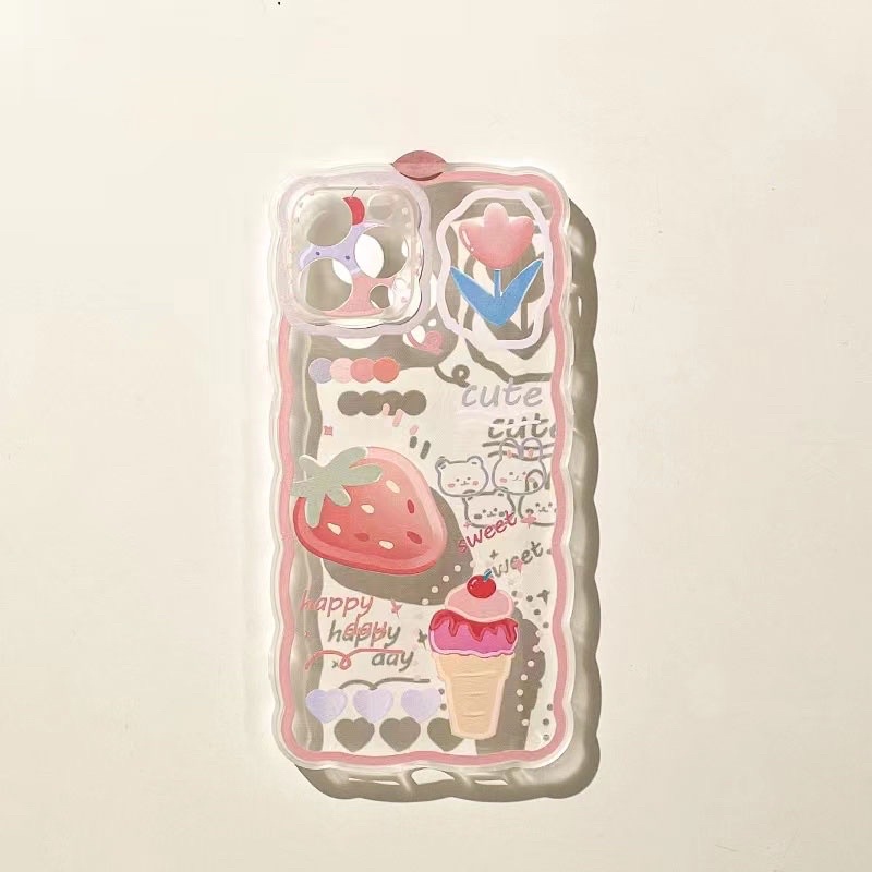 (SIÊU RẺ) Ốp lưng iphone viền sóng quả dâu tây que kem happy day 7plus/8/8plus/x/xr/xs/11/12/13/pro/max/plus/promax