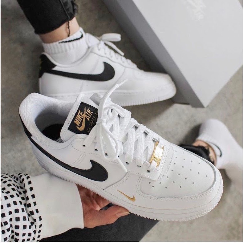 Giày Sneaker air force 1 low trắng vệt đen logo thêu vàng , Giày thể thao af1 07 Essential White Black Gold 2023 Full