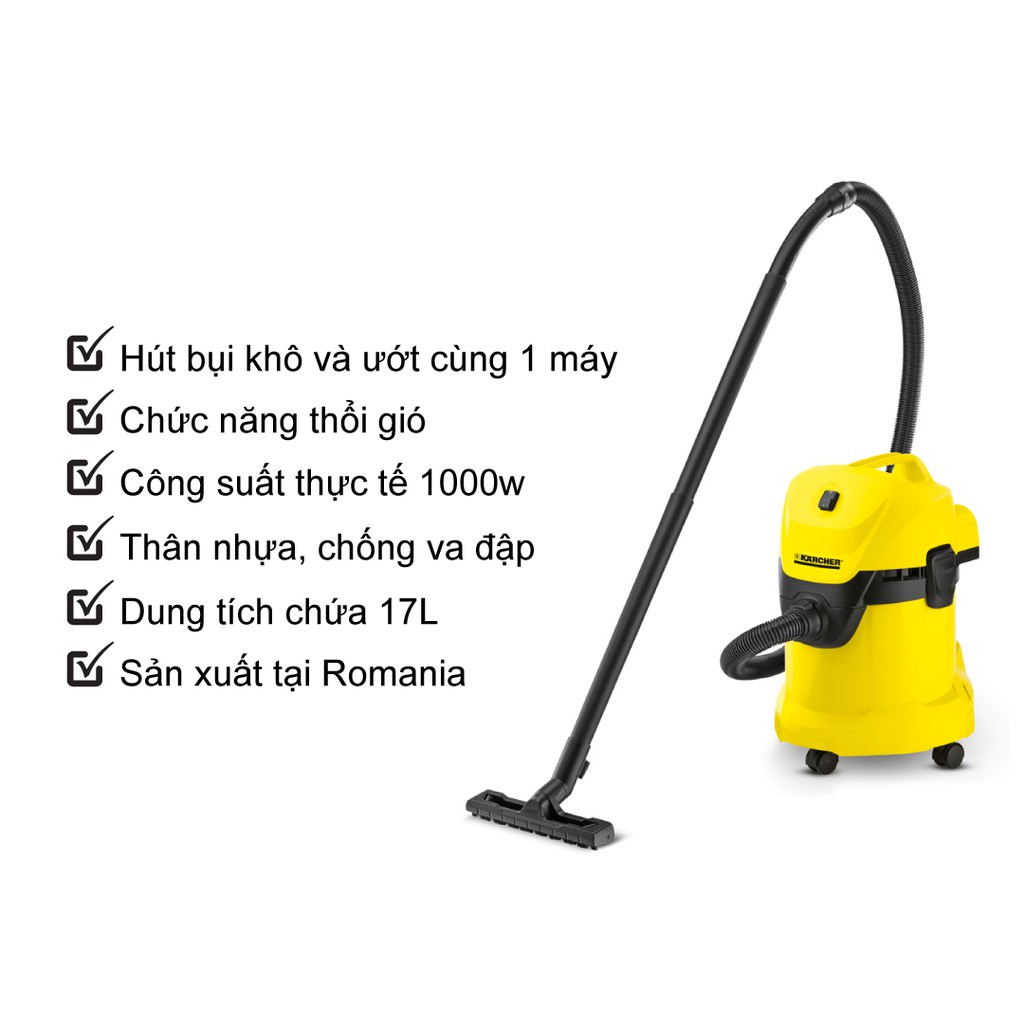 (Sản xuất Romania) Máy hút bụi khô & ướt Karcher WD 3 Car công suất 1000w màu vàng - có chức năng thổi gió | BigBuy360 - bigbuy360.vn