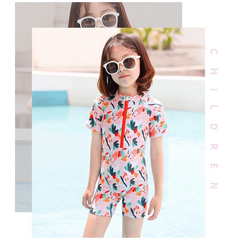 [Chính hãng] Bộ bơi bé gái cộc liền hồng cam, hình lá Yuke