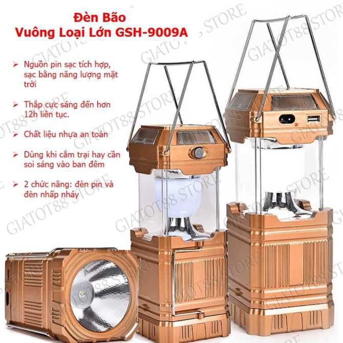 Đèn Bão Vuông Loại Lớn-9009A SẠC NĂNG LƯỢNG MẶT TRỜI, SẠC ĐIỆN 220V