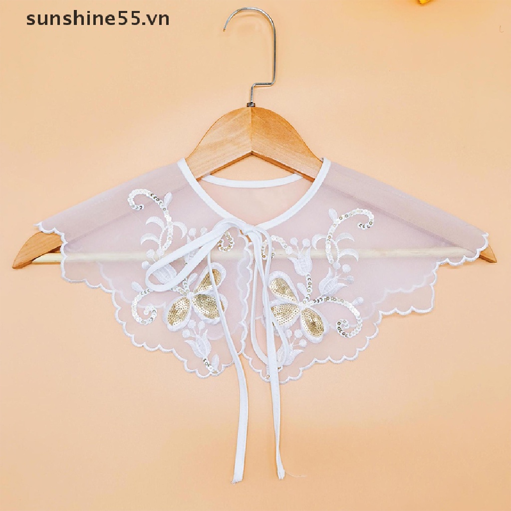 Cổ Áo Sơ Mi Chiffon Họa Tiết Kẻ Sọc Đính Kim Sa Màu Trắng Phối Ren Có Thể Tháo Rời Cho Nữ