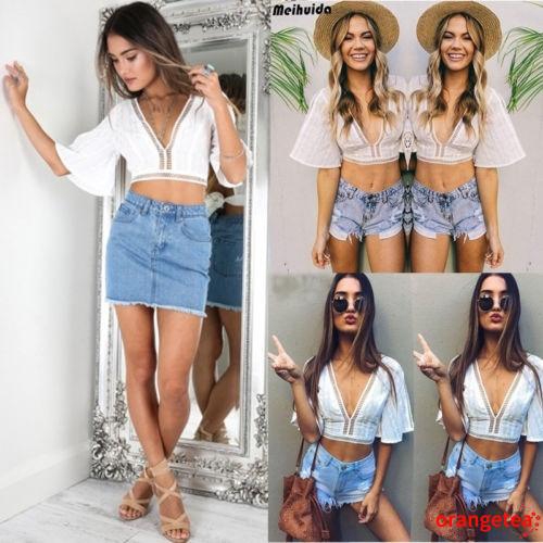 Women's Daily Slim Fit Deep V-Neck Hollow Out Short Tops