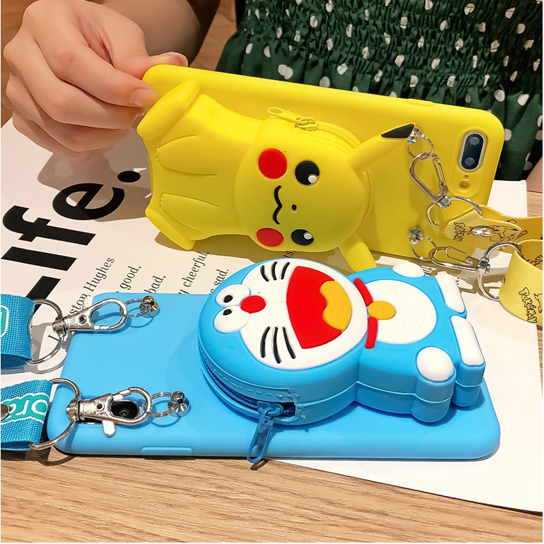 Ốp điện thoại mềm có ví hình Doraemon/ Pikachu cho Samsung J2 J3 J4 J5 J6 J7 J8 Pro Prime Plus 2018