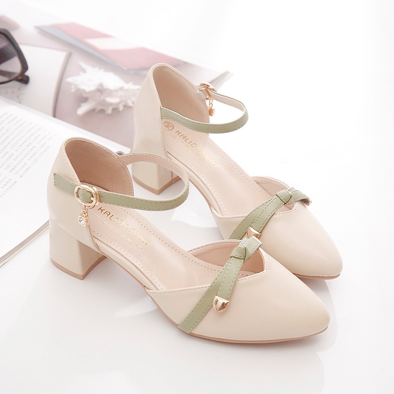 Giày cao gót ngọt ngào phong cách gót thô 4cm đính nơ