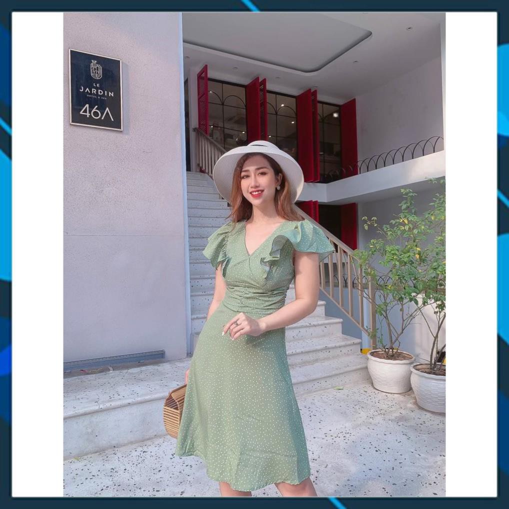 Váy Xòe Cổ Đắp Chéo Tay Cánh Tiên Nhún Ngực Chấm Bi Xanh Chất Vải Mềm Mịn, Thoải Mái Đi Tiệc, Du Lịch, Sống Ảo. . | BigBuy360 - bigbuy360.vn