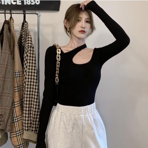 Áo thun nữ tay dài cổ chữ U dáng ôm gợi cảm thời trang