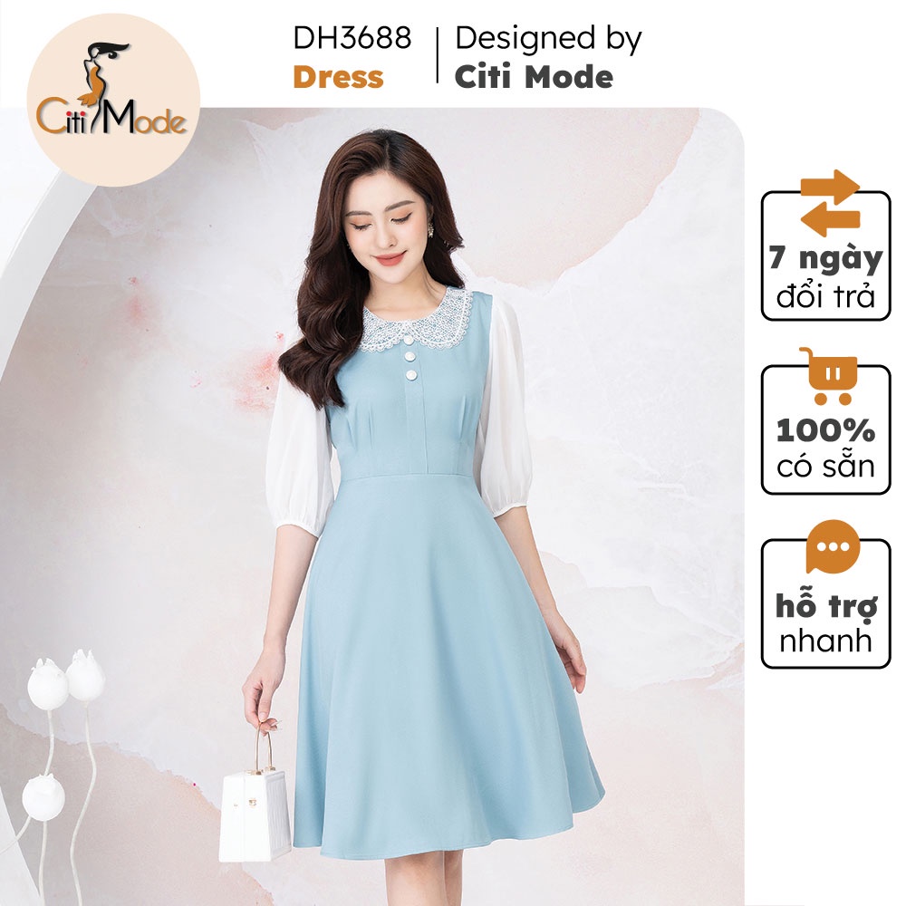 Đầm nữ thiết kế CITI MODE xanh ngọc dáng xòe phối tay trắng cổ ren cao cấp DH3688