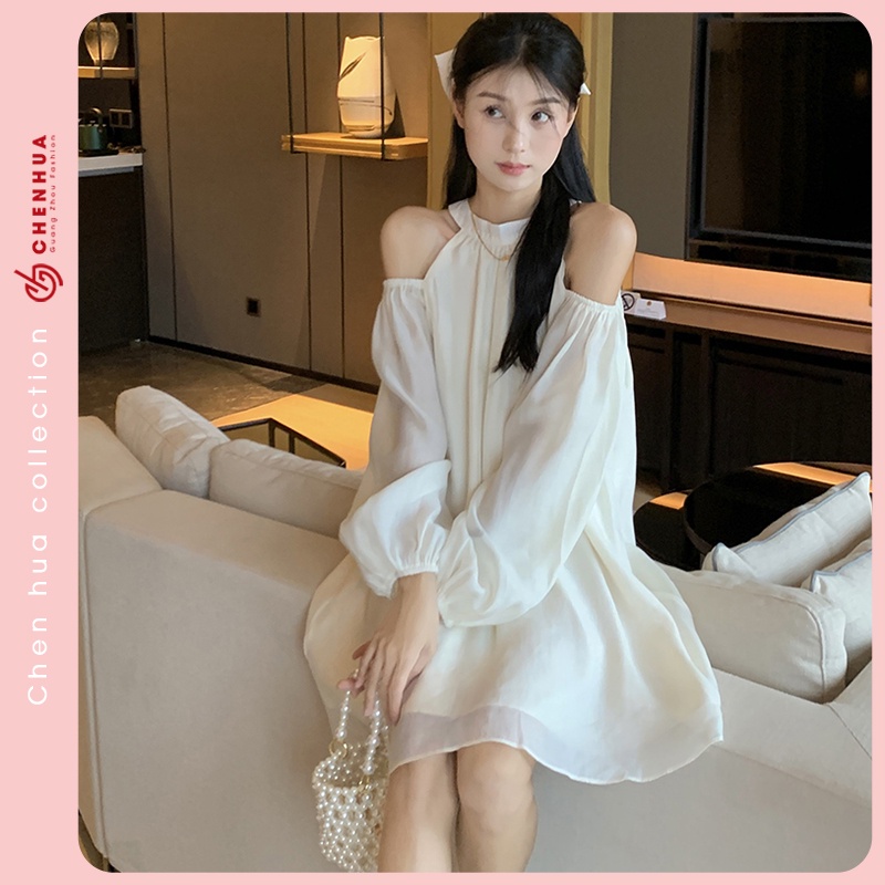 Váy hở vai dài tay ChenHua đầm ngắn xòe đi chơi style hàn quốc đẹp VT163