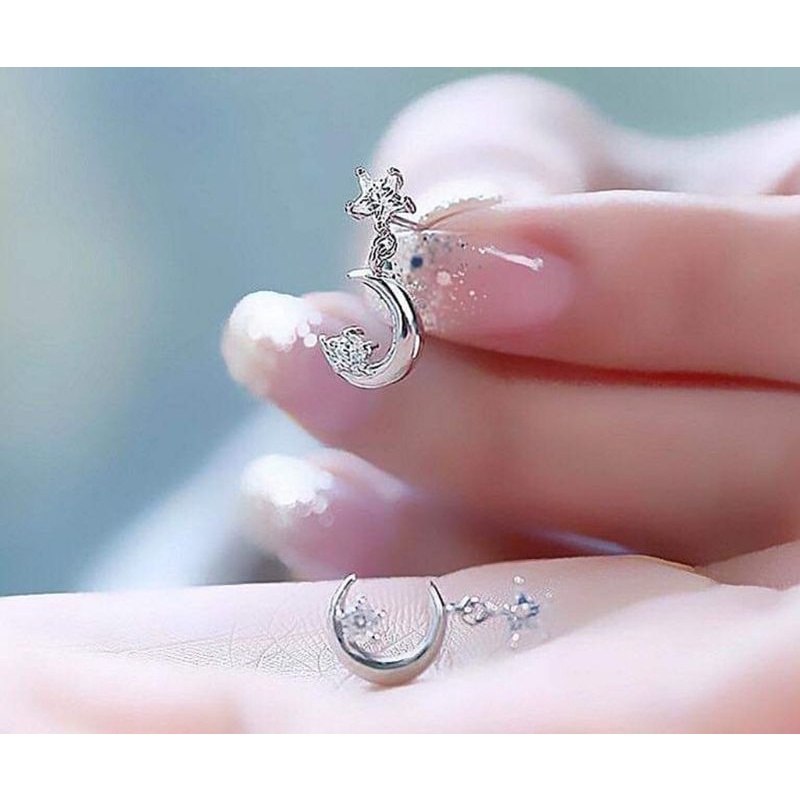 Khuyên tai bạc khuyên Trăng Sao nghịch đảo