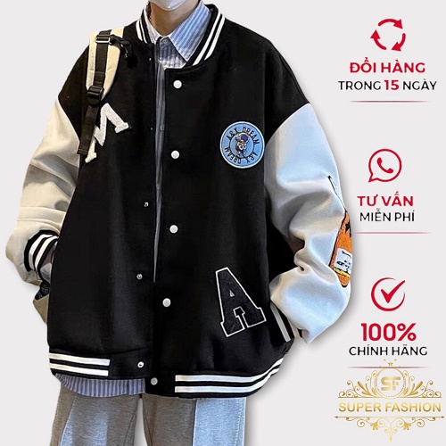 Áo Khoác Bomber Super Fashion Nam Nữ Nỉ Fom Rộng Dày Đẹp Phối Chữ M Hot Trend