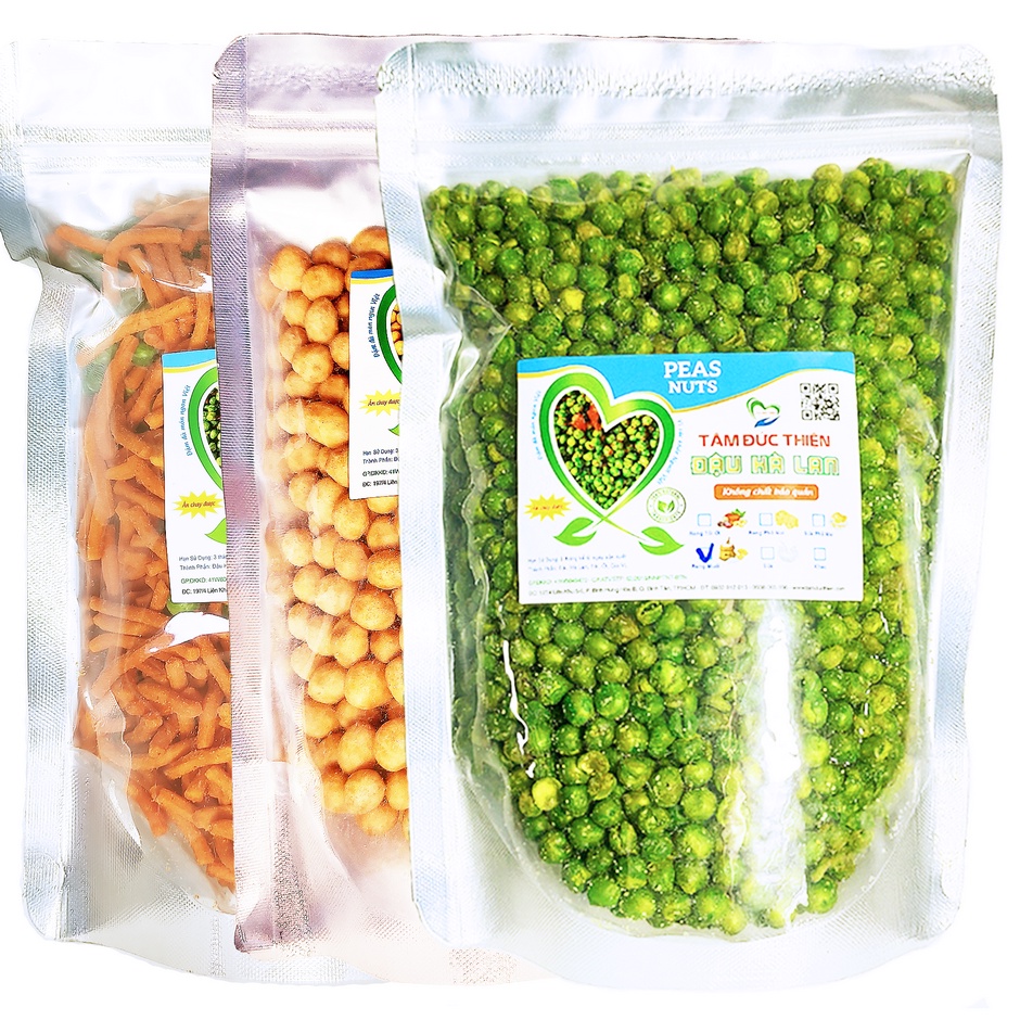 Combo 3 Túi Zip: đậu phộng da cá cốt dừa 500GR đậu hà lan rang muối 500gr bim bim que hà lan 335GR Tâm Đức Thiện