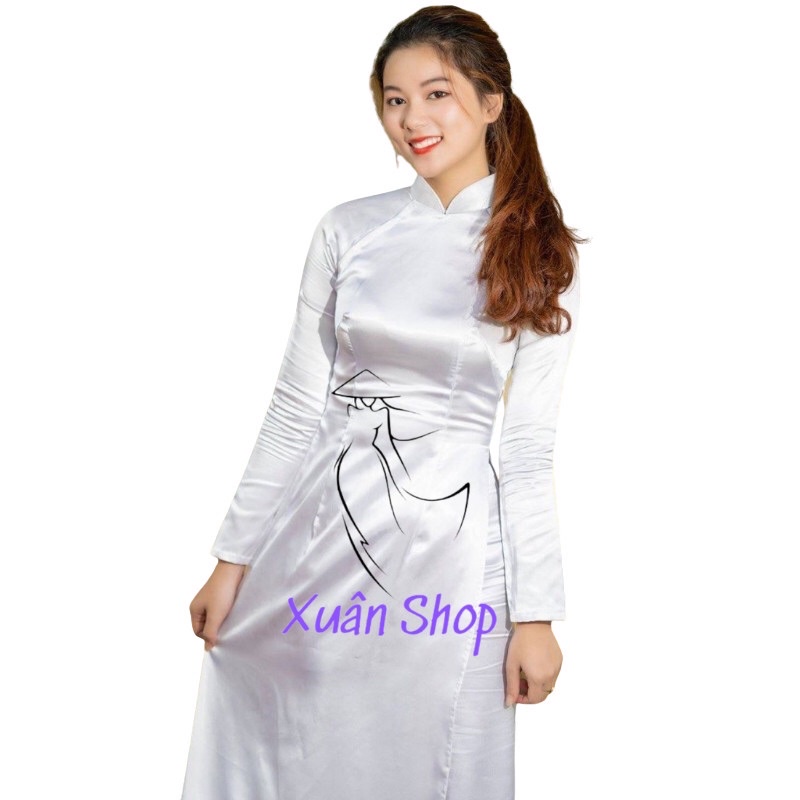 Áo dài trắng truyền thống học sinh lụa phi bóng 02 tà