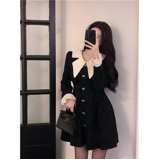 Đầm Nữ Thiết Kế Cao Cấp Vải Váy Liền Dạ Màu Đen Phối Cổ Chữ V Trắng Phù Hợp Đi Ăn Tiệc Cưới Sinh Nhật