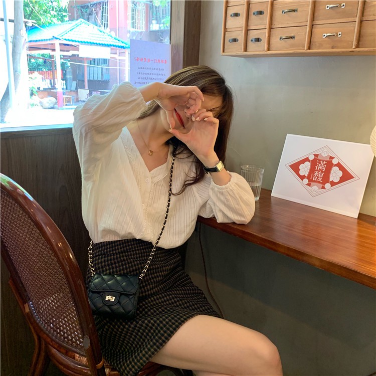 Xiaozhainv Áo sơ mi tay dài xẻ cổ chữ V dáng rộng phong cách thời trang cho phái nữ