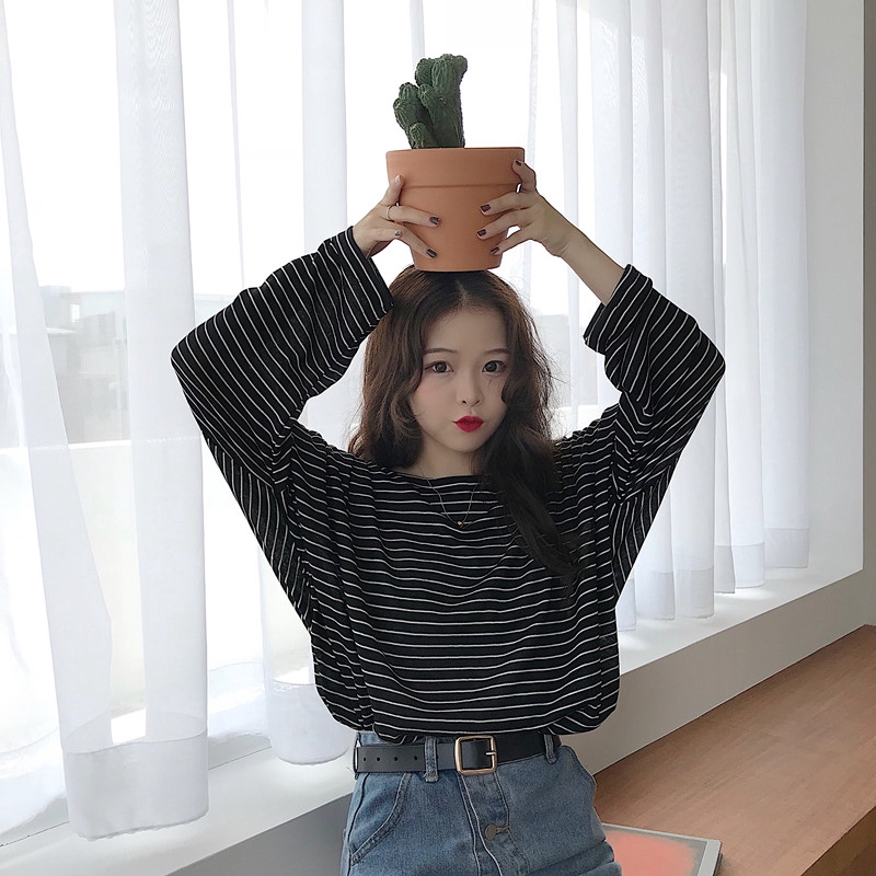 Áo thun cổ tròn dài tay kẻ sọc ngang phong cách Hàn Quốc cho nữ | BigBuy360 - bigbuy360.vn