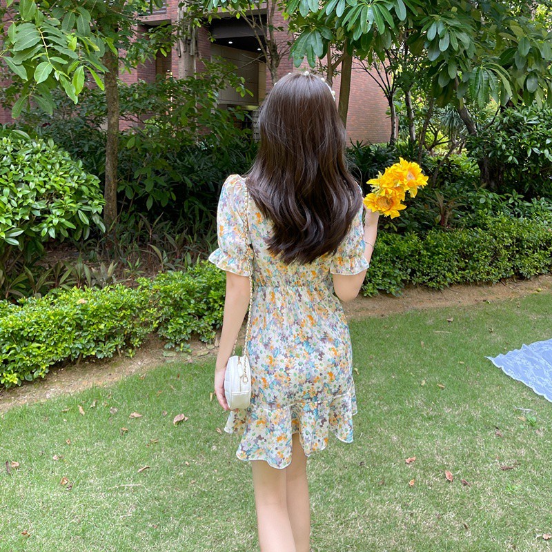 Đầm tay ngắn hoạ tiết hoa phong cách Hàn Quốc cho phái nữ