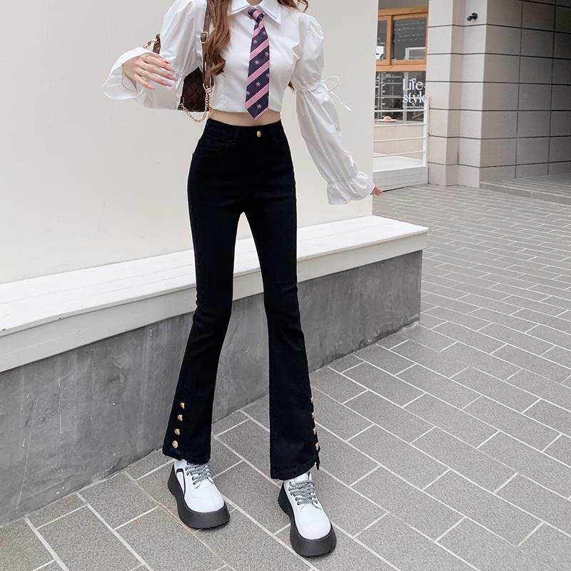 【ZHELIHANGFEI】Quần Jean Dài Lưng Cao Ống Loe Xẻ Tà Cá Tính Trẻ Trung