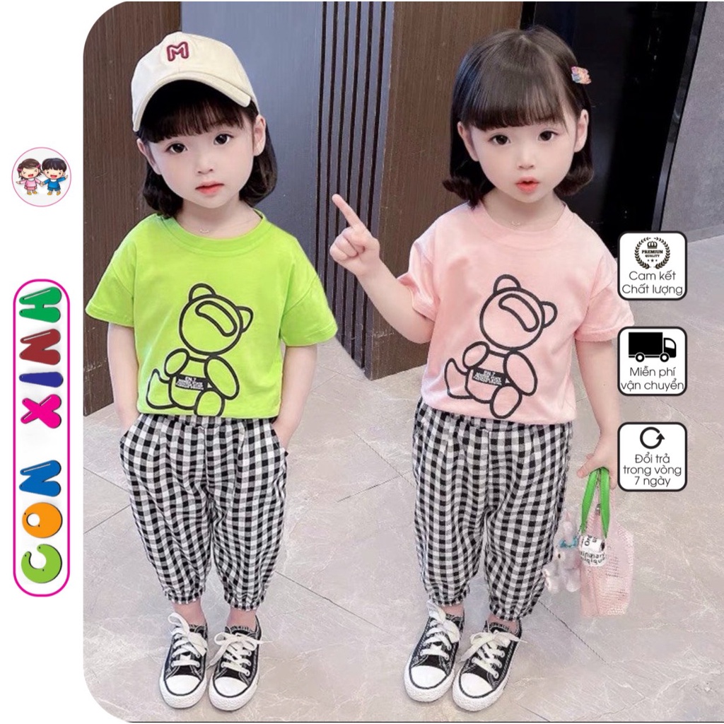 Bộ đồ bé gái Con Xinh cotton gấu Baby, set quần áo trẻ em 5 đến 14 tuổi
