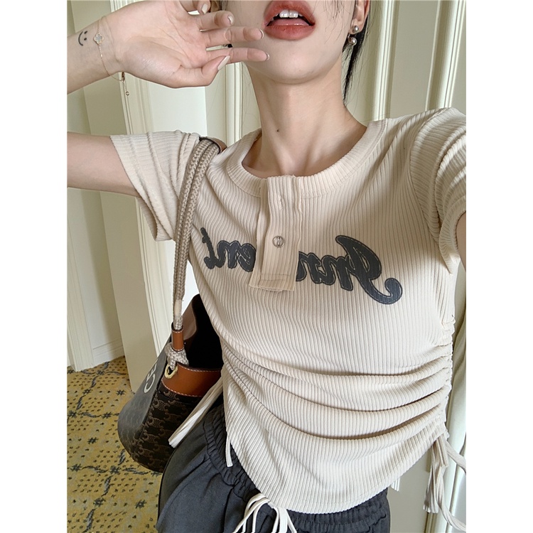 QKOOLE Áo thun  ngắn tay cổ tròn thời trang Hàn Quốc cho nữ