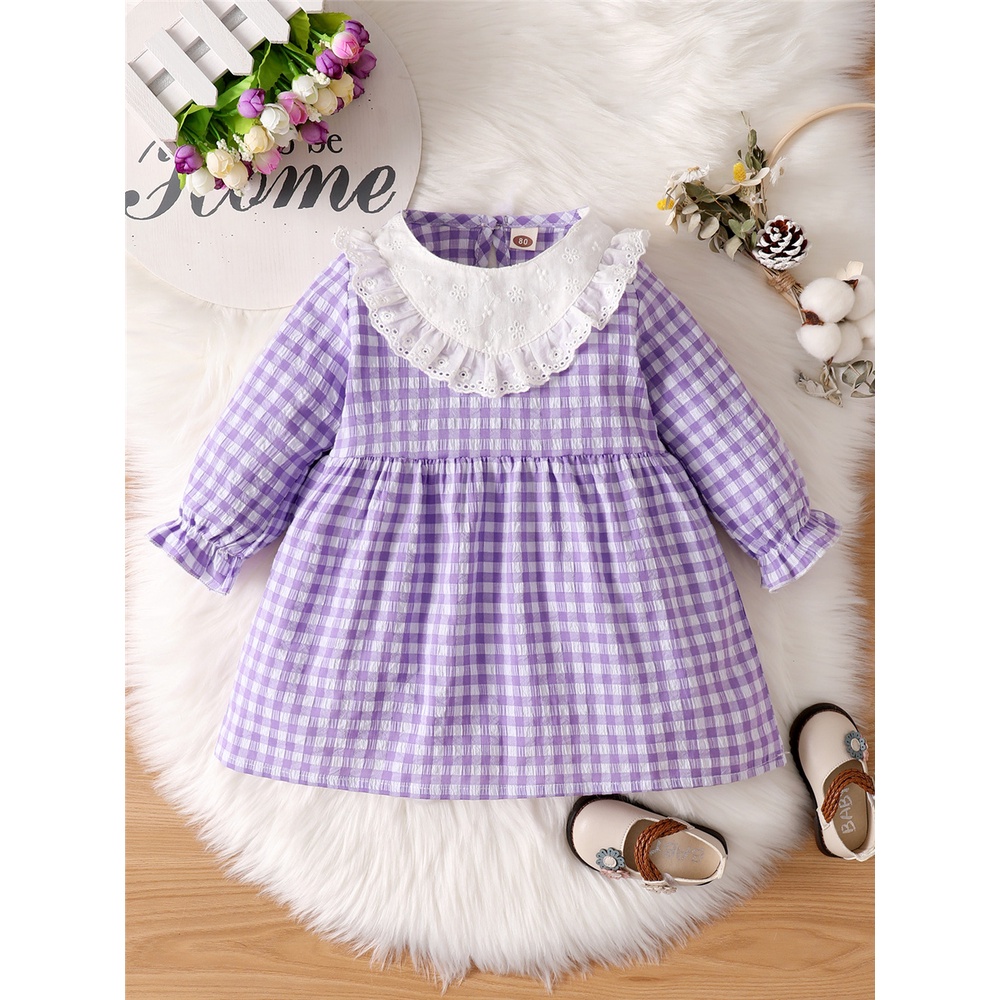 Đầm MIKRDOO tay dài phối cổ ren họa tiết kẻ sọc caro phong cách Pháp đáng yêu cho bé gái