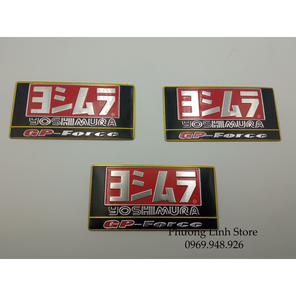 Decal nhôm dán pô xe Yoshimura, Tem dán pô viền vàng dập nổi Yoshimura USA hình chữ nhật