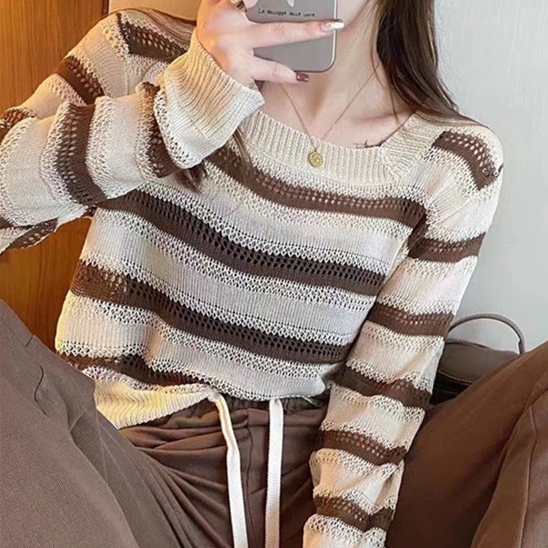SUXI Áo Dệt Kim Tay Dài Chống Nắng Dáng Rộng Cổ Vuông Họa Tiết Kẻ Sọc Vintage Thời Trang Hè Thu Cho Nữ