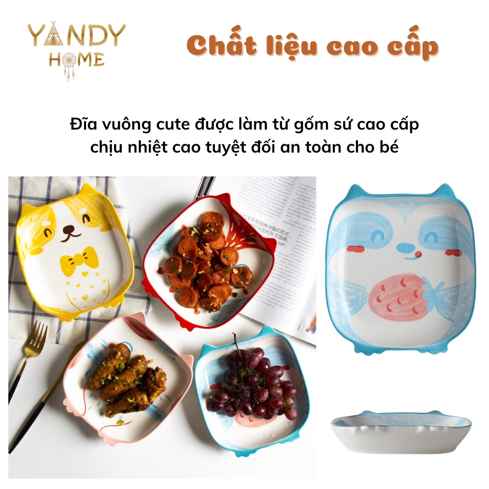 Đĩa sứ vuông cute YANDY HOME D06 hình cún mèo cú ngộ nghĩnh dễ thương