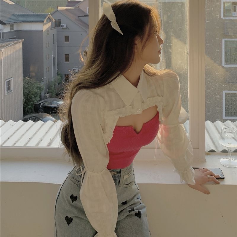 COZOK Set áo sơ mi ngắn tay + áo hai dây màu đỏ hồng xinh xắn