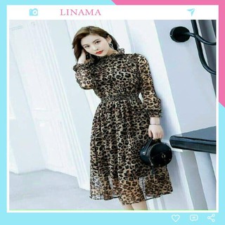 Váy đầm nữ dài tay họa tiết da beo thiết kế xòe xếp ly nhẹ sang chảnh - LINH'S STORE