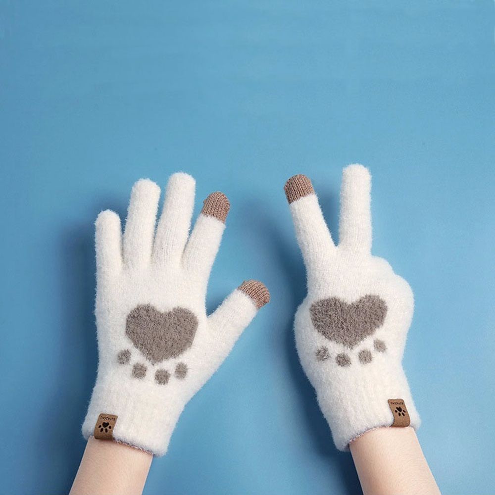 Găng tay vải len dày co giãn mềm mại họa tiết dấu chân mèo nhiều màu sắc dùng được màn hình cảm ứng