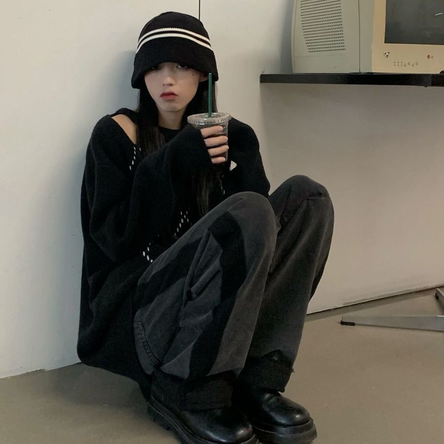 Áo sweater dệt kim kiểu dáng rộng trễ vai thời trang phong cách thu đông cho nữ