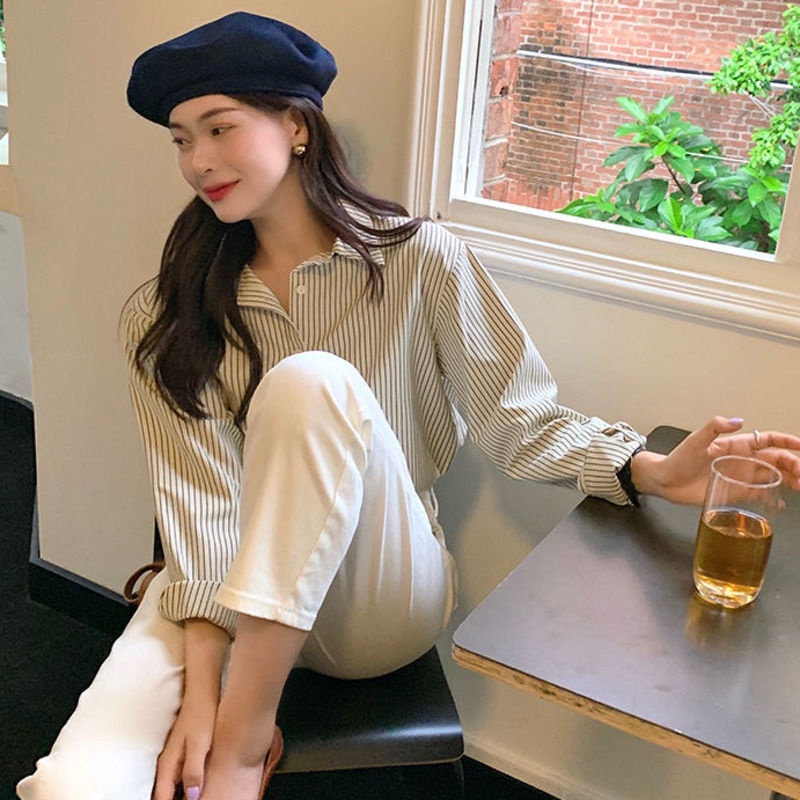 Áo sơ mi dài tay dáng rộng họa tiết sọc giản dị thời trang mùa thu 178325