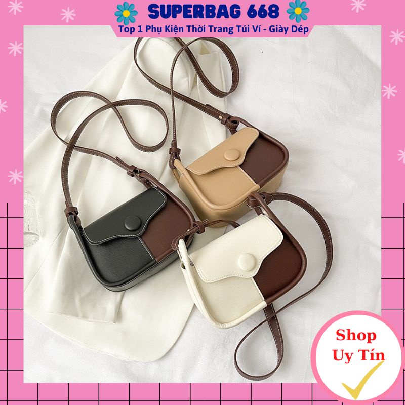 Túi đeo chéo nữ, túi xách đeo vai da mềm vá màu Superbag 354