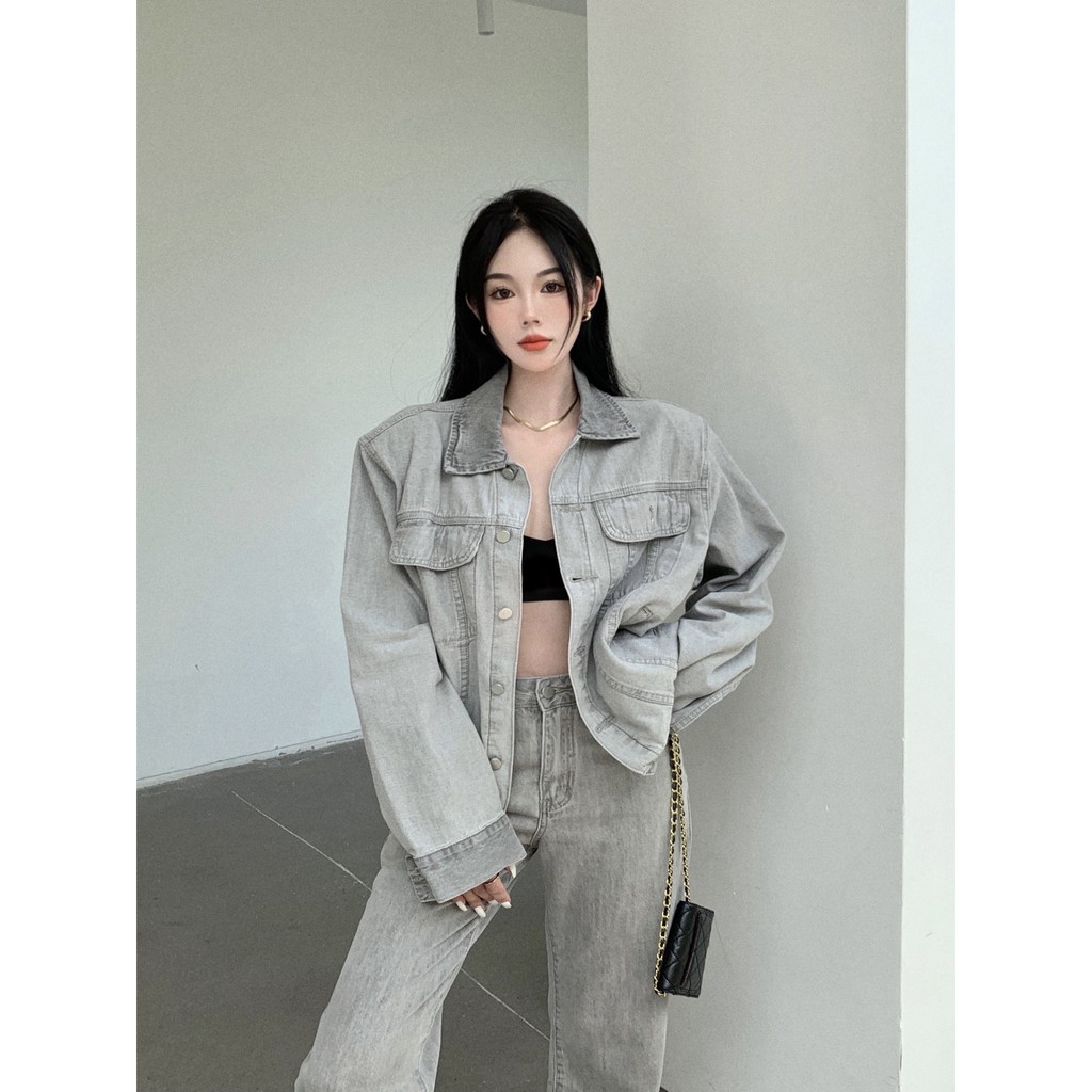Set Áo khoác jeans Naoto và Quần jeans ống suông wax xám Unisex