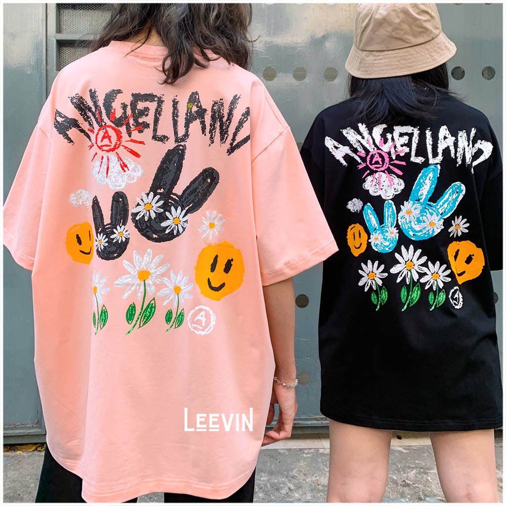 Áo thun form rộng UNISEX Angel Land Crayon Bunny Nam Nữ Kiểu áo phông tay lỡ giấu quần [TE-AL02] Leevin Store