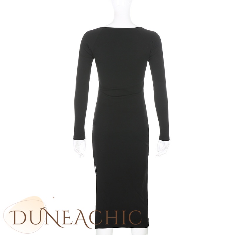 DUNEA Đầm Dài Cổ Vuông Xẻ Tà Quyến Rũ Cho Nữ
