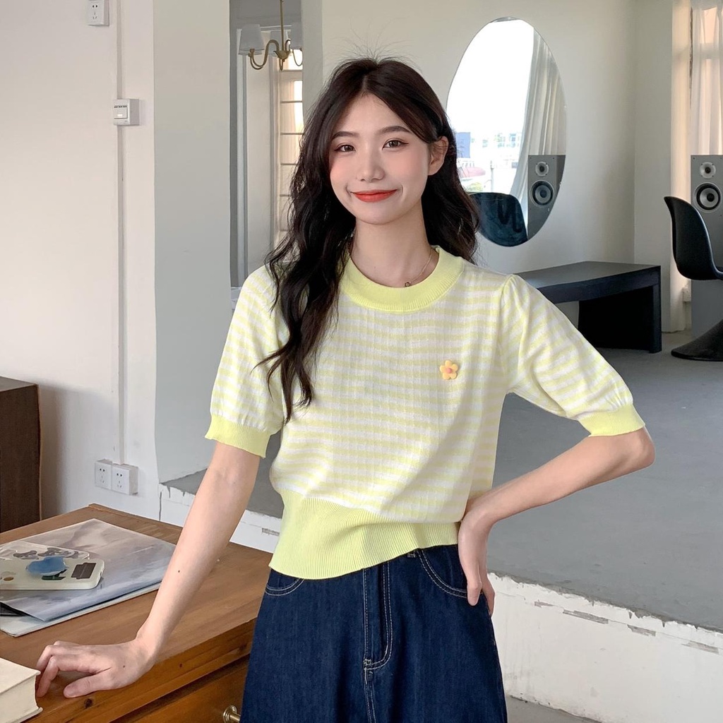 Áo thun ZHELIHANGFEI ngắn tay họa tiết sọc ngang thời trang dành cho nữ