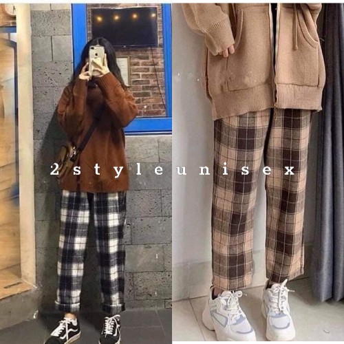 [Mã FAXANH55 giảm 10K đơn 50K] Quần kẻ caro nữ ống suông rộng cạp cao dáng basic