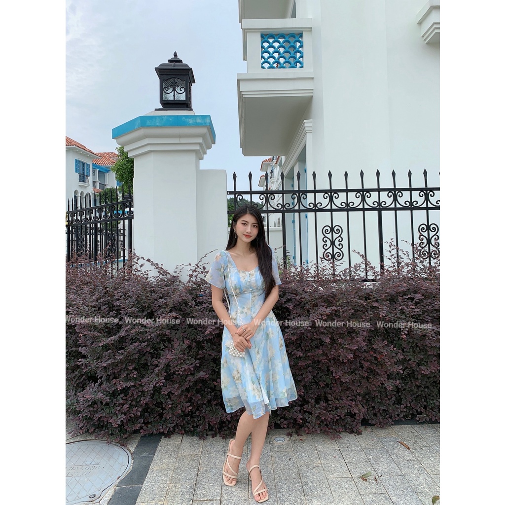 Đầm thiết kế Wonderhouse dáng dài cổ tim vải lụa in dạo phố, công sở dễ thương - Lyly dress