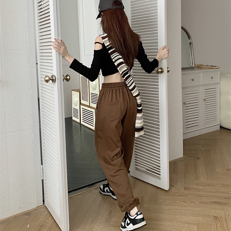 Quần Thể Thao Lưng Cao Ống Rộng In Họa Tiết Thời Trang