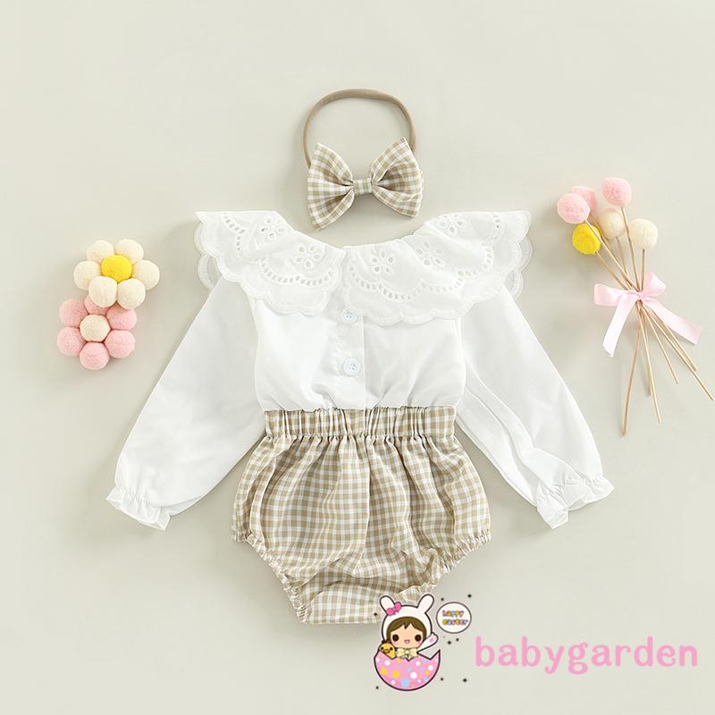 Bộ Áo Liền Quần Tay Dài Cổ Búp Bê Phối Ren Kẻ Sọc + Băng Đô Cài Tóc Thời Trang Mùa Thu Cho Bé Gái 0-18 Tháng Tuổi