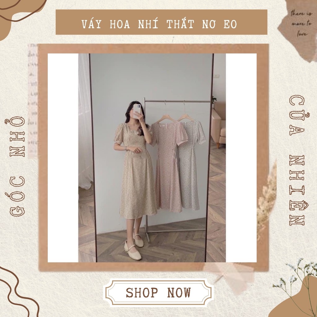 Váy Đầm Hoa Nhí Vintage Cổ Vuông Thắt Nơ Eo Dáng Dài Phong Cách Nàng Thơ Mộng Mơ (ẢNH THẬT+VIDEO)