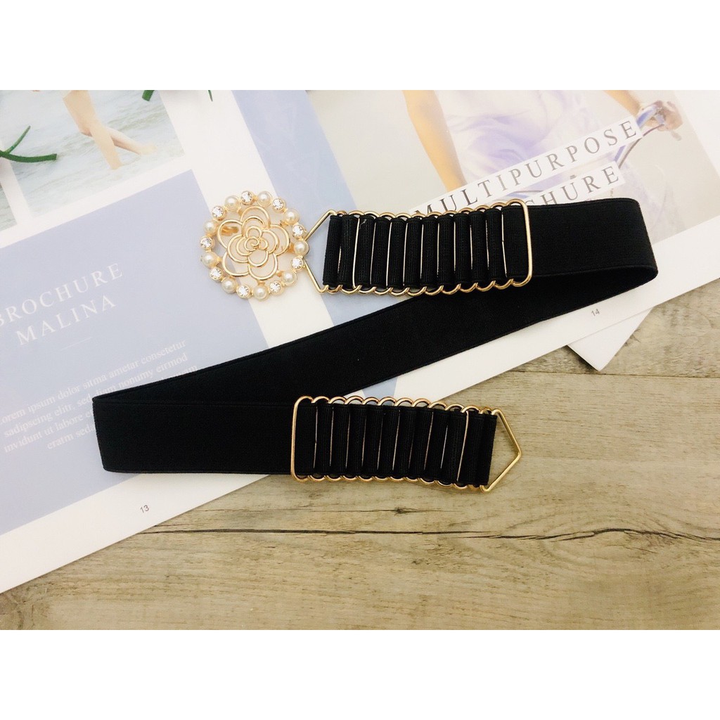 Dây nịt bản thun xếp ly hoa hồng viền hạt xung quanh cực sang chảnh bản 3cm mẫu hot