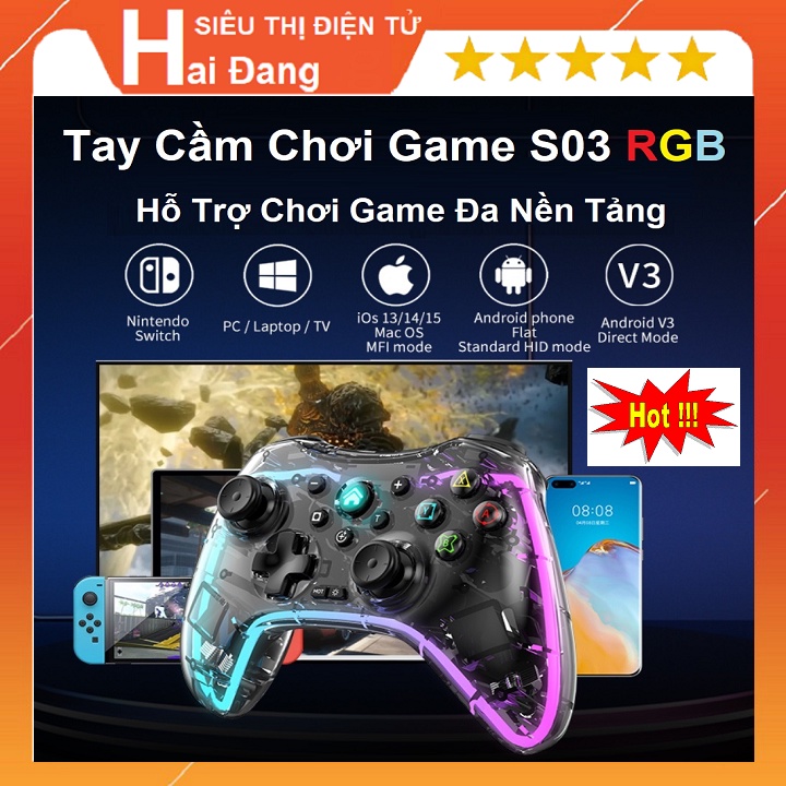 Tay Chơi Game Không Dây, Kết Nối Bluetooth Pin Sạc S03 RGB, Tương Thích Với, PS4 - PS3 - PC - Android - lOS Arcade Steam
