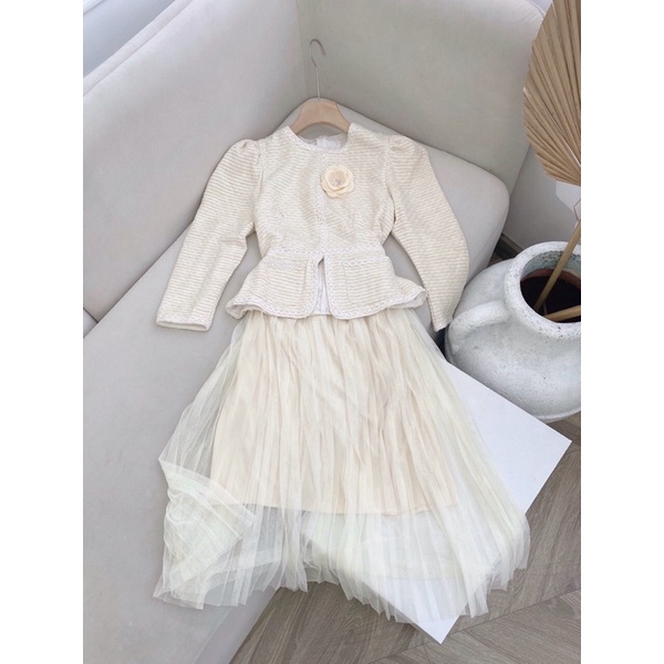 Set áo pelum bố tag hoa xinh kèm chân váy midi voan siêu xinh phong cách hàn quốc